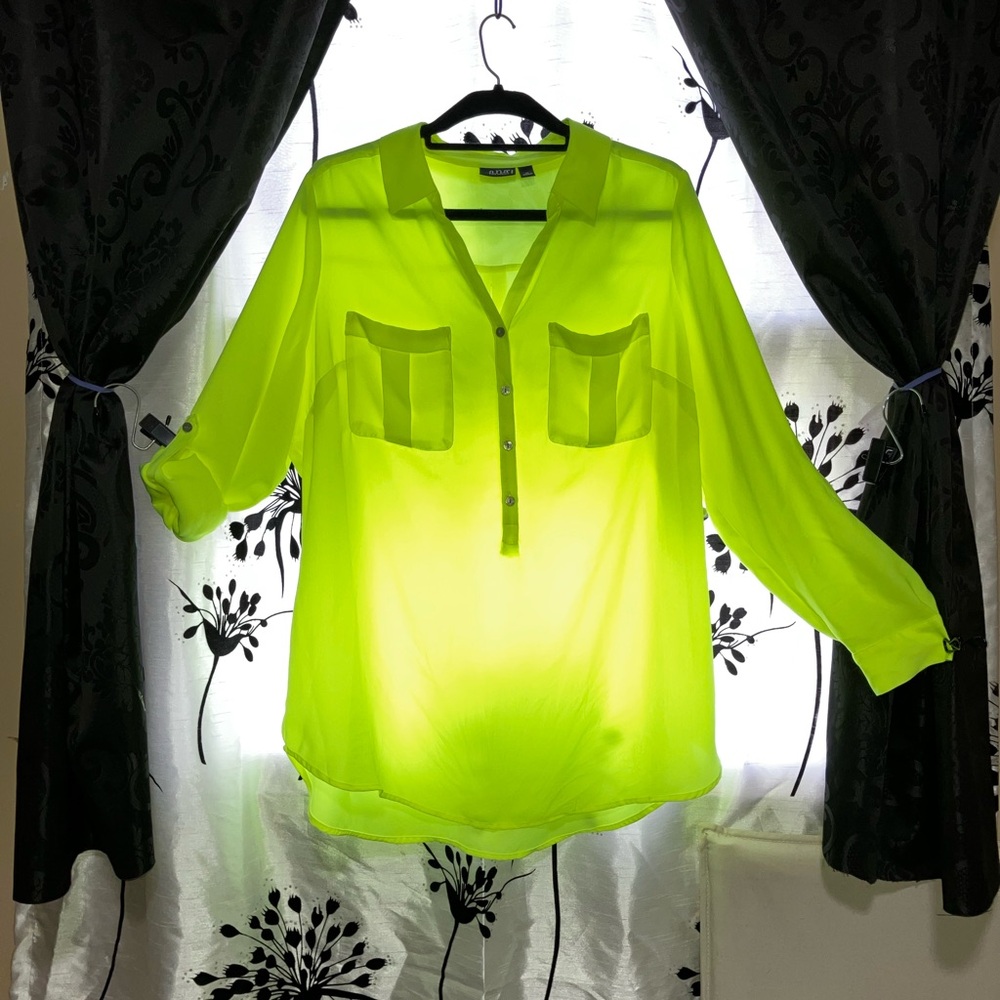 a.n.a Women's Neon Yellow Button-Up Sheer Blouse